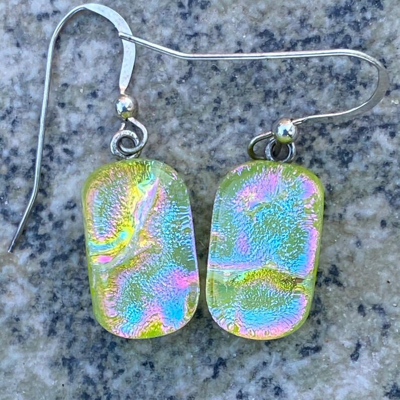 s Earrings Fused Dichroic Art Glass Jewelry Pink Blue Green Dangle Sterling Silver FREE shipping