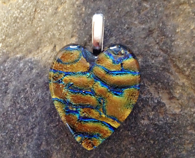 Heart Shape Fused Dichroic Art Glass Jewelry Pendant Copper Gold and Blue FREE SHIPPING image 1