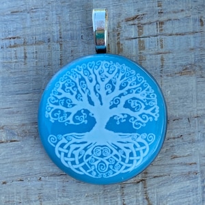 Blue Fused Art Glass Jewelry Necklace Pendant with Spiritual White Enamel Tree of Life FREE shipping
