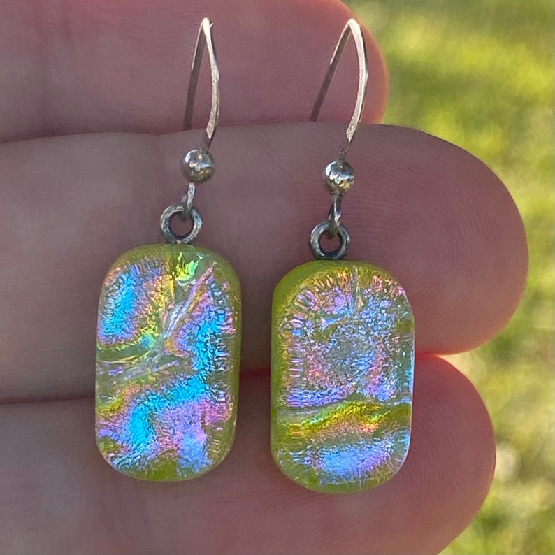 s Earrings Fused Dichroic Art Glass Jewelry Pink Blue Green Dangle Sterling Silver FREE shipping