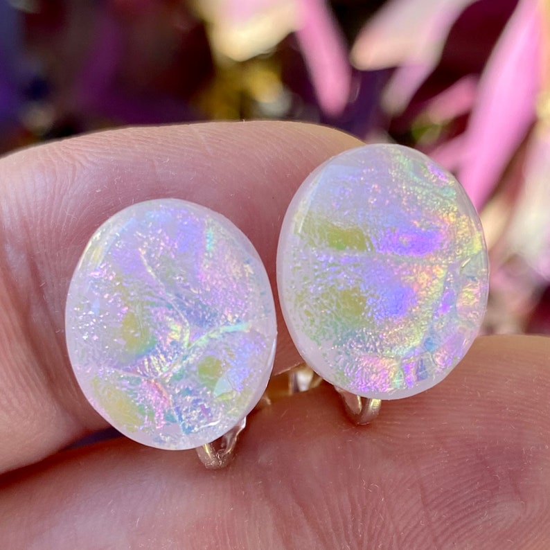 Pink Fused Dichroic Art Glass Jewelry Clip On Earrings Handmade FREE shipping S