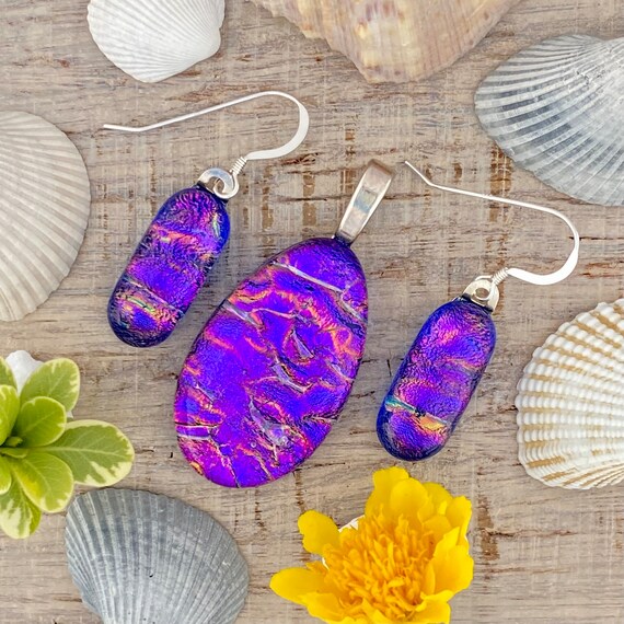 Pink Purple Blue Fused Dichroic Art Glass Jewelry Set Matching Etsy