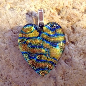 Heart Shape Fused Dichroic Art Glass Jewelry Pendant Copper Gold and Blue FREE SHIPPING image 2