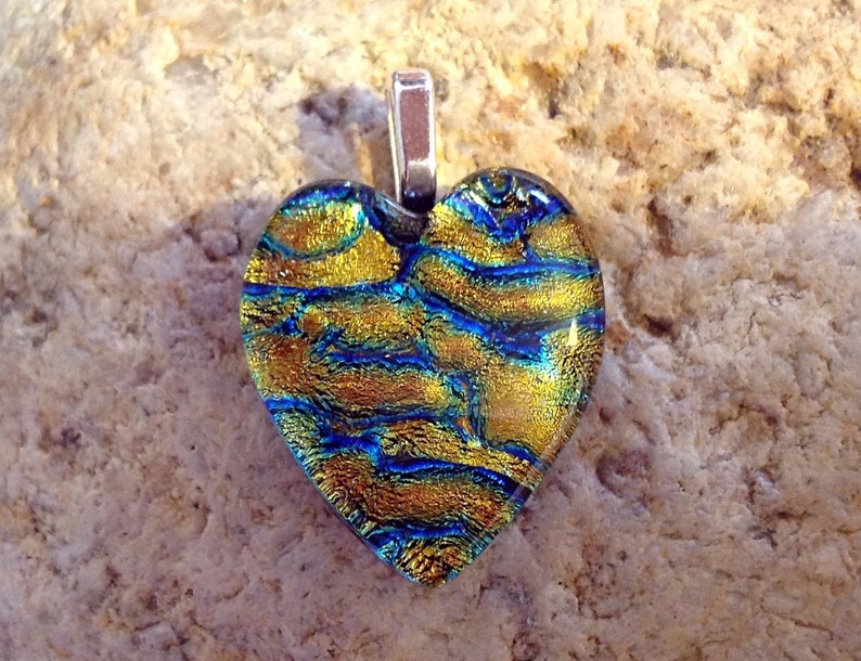 Heart Shape Fused Dichroic Art Glass Jewelry Pendant Copper Gold and Blue FREE SHIPPING image 2