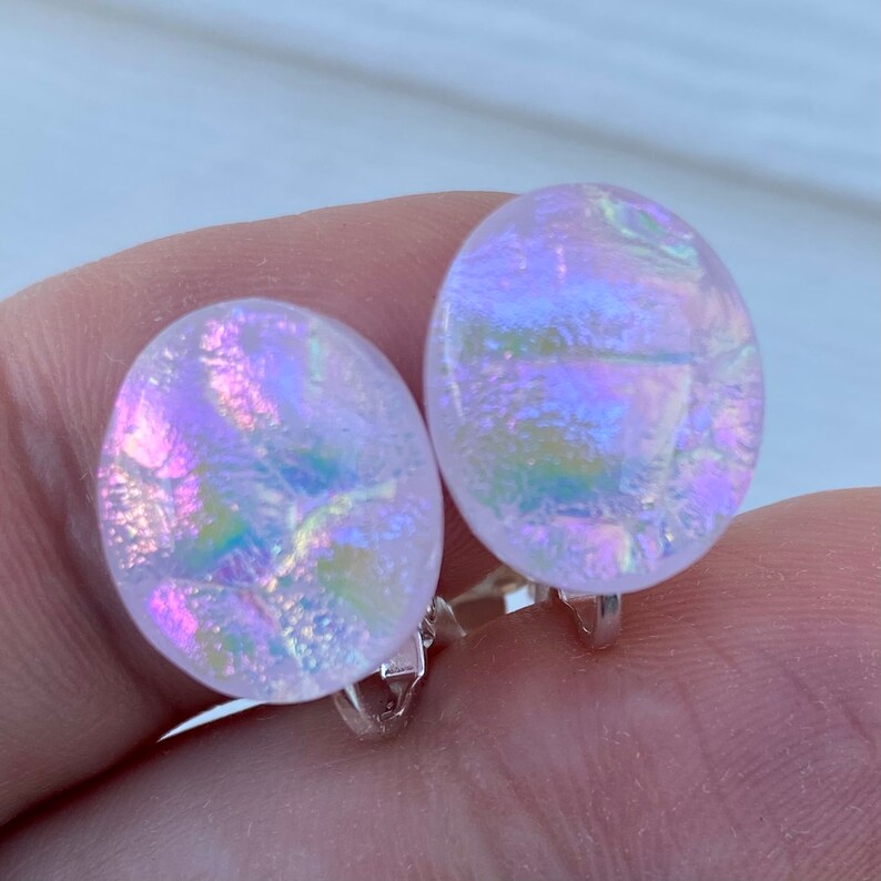 Pink Fused Dichroic Art Glass Jewelry Clip On Earrings Handmade FREE shipping S