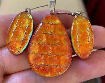 Orange Fused Dichroic Art Glass Jewelry Dangle Earrings Necklace Pendant Set - Handmade FREE Shipping (s)