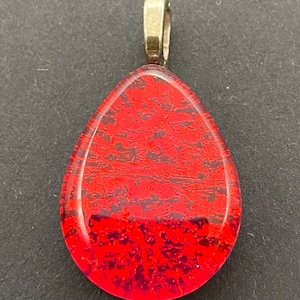Red Fused Dichroic Art Glass Jewelry teardrop  Pendant Wavy Pattern Free Shipping