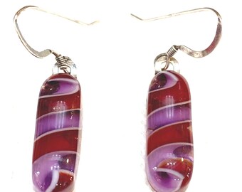 Fused Art Glass Dangle Earrings: Red Purple Twist, Sterling Silver