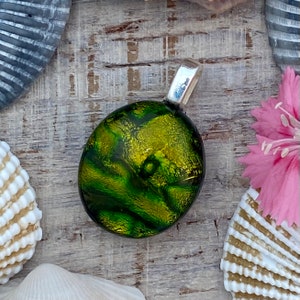 Small Fused Dichroic Art Glass Jewelry Necklace Pendant Green