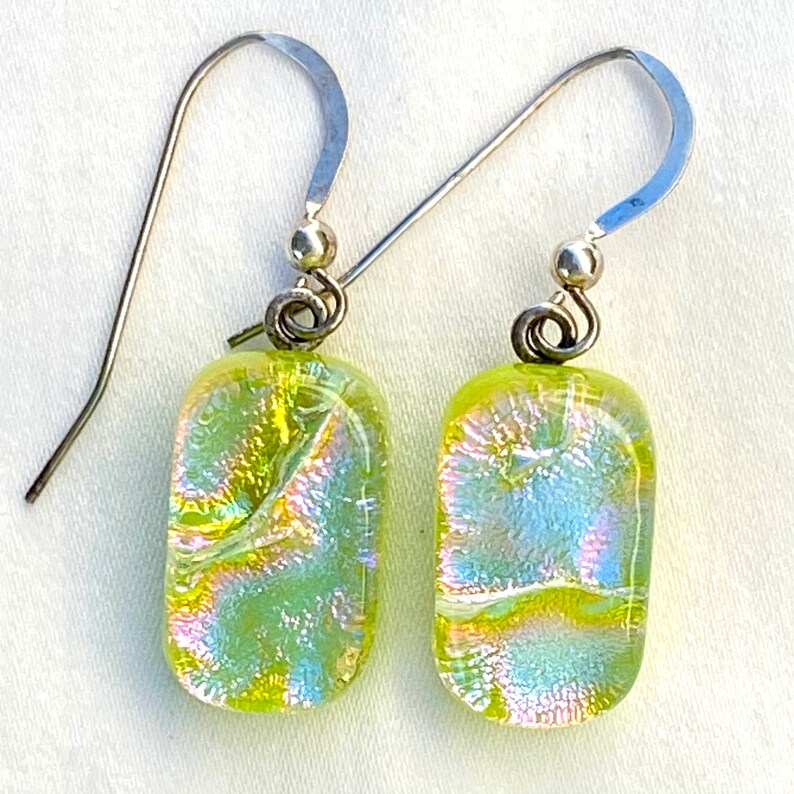 s Earrings Fused Dichroic Art Glass Jewelry Pink Blue Green Dangle Sterling Silver FREE shipping