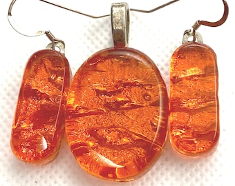Orange Dichroic Glass Jewelry Set: Sterling Silver Earrings & Pendant