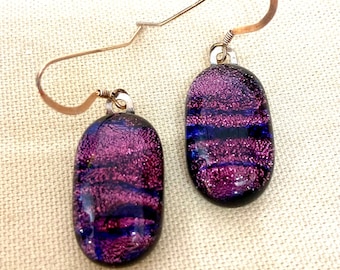 Purple Fused Dichroic Art Glass Jewelry Dangle Drop Earrings Handmade Sterling Silver Ear Wires