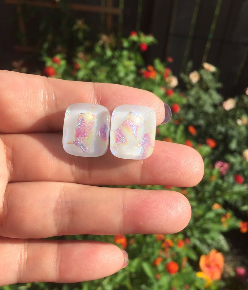 Cuff Links with Handmade White Multi color Fused Dichroic Glass Bead FREE Shipping