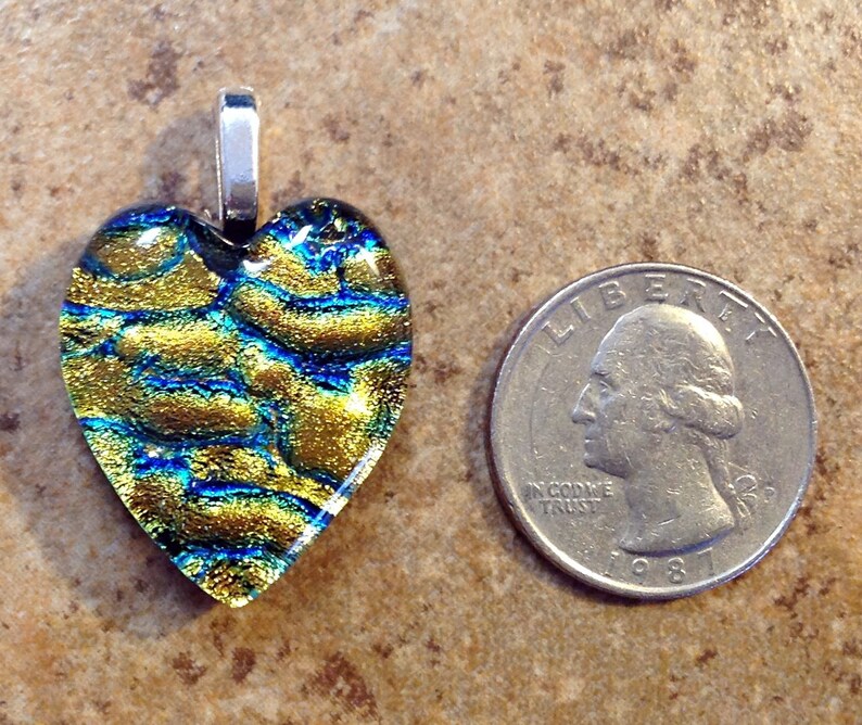 Heart Shape Fused Dichroic Art Glass Jewelry Pendant Copper Gold and Blue FREE SHIPPING image 3