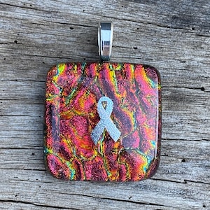Red Fused Dichroic Glass Pendant with Silver Remembrance Ribbon Wavy Pattern Handmade by Art Glass Jewelry Free Shipping (H)