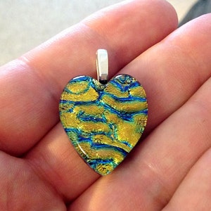 Heart Shape Fused Dichroic Art Glass Jewelry Pendant Copper Gold and Blue FREE SHIPPING image 4