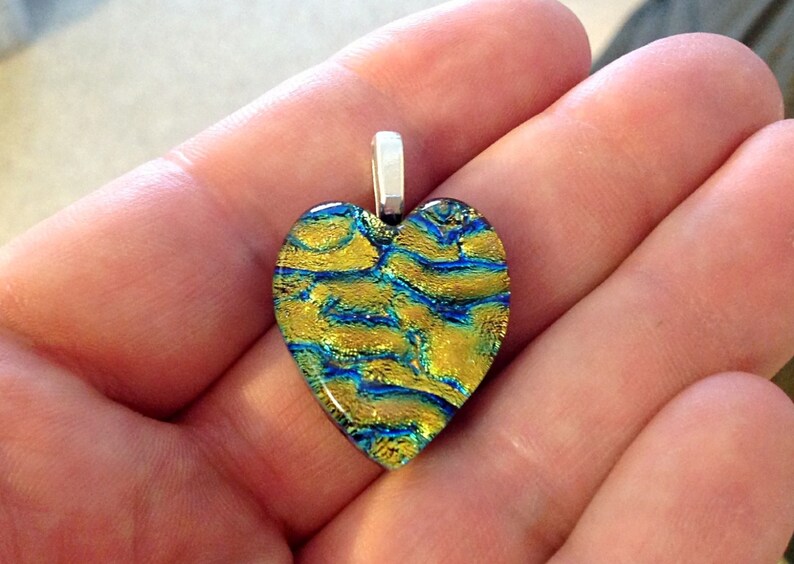 Heart Shape Fused Dichroic Art Glass Jewelry Pendant Copper Gold and Blue FREE SHIPPING image 4