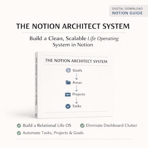 May include: A digital download titled "The Notion Architect System" with the tagline "Build a Clean, Scalable Life Operating System in Notion." The cover features a diagram with Goals, Areas, Projects, and Tasks. Additional text includes "Build a Relational Life OS" and "Eliminate Dashboard Clutter."