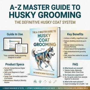 Puede incluir: Una guía digital titulada "A-Z Master Guide to Husky Grooming". La portada presenta una ilustración detallada de un Husky, con texto que destaca los beneficios clave como la reducción de la muda y la adquisición de habilidades de aseo. Incluye especificaciones del producto y preguntas frecuentes.