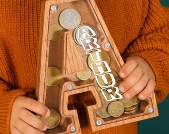 Wooden Large Initial Piggy Bank with Custom Name: Alphabet Coin Box for Kids