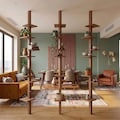 Mid-Century Moden Wooden Floor to Ceiling Floating Storage Shelf, Solid Wood Display Unit