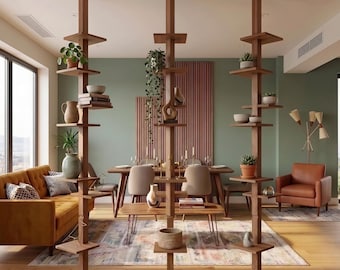 Mid-Century Moden Wooden Floor to Ceiling Floating Storage Shelf, Solid Wood Display Unit