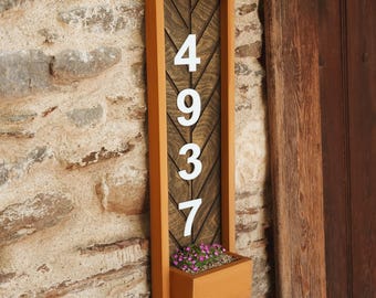 Vertical House Number Sign, Herringbone Address Plaque with Planter, Modern Outdoor Decor
