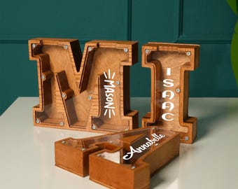 Personalized Letter Coin Bank: Custom Wooden Name Bank, Nursery Decor for Girl or Boys