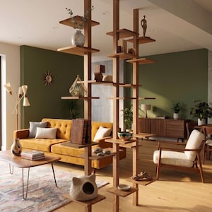 Mid-Century Moden Wooden Storage Floating Shelf, Solid Wood Floor to Ceiling Display Unit