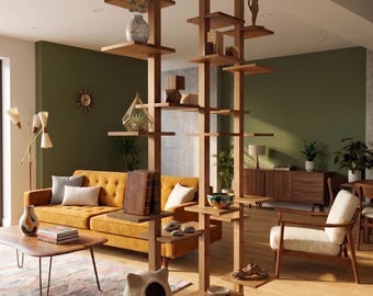 Mid-Century Moden Wooden Storage Floating Shelf, Solid Wood Floor to Ceiling Display Unit