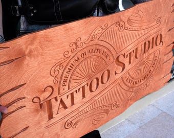 Personalized Tattoo Studio Sign, Carved Beech Wood, Custom Business Decor