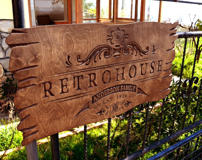 Personalized Carved Wood Family Name Sign, Retro Decor