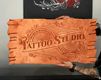 Personalized Wooden Tattoo Studio Sign, Custom Carved Beechwood Wall Art