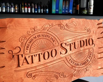Custom Tattoo Studio Carved Wooden Sign, Personalized Wall Plaque