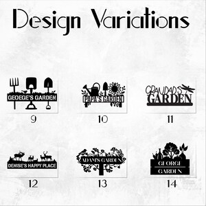 six different black and white designs, each representing a unique garden-related business or organization. The designs include "GEORGE'S GARDEN", "PAAP'S GARDEN", "CRAUNDAD'S GARDEN", "DENISE'S HAPPY PLACE", "ADAN'S GARDEN", and "GEORGIA'S GARDEN".