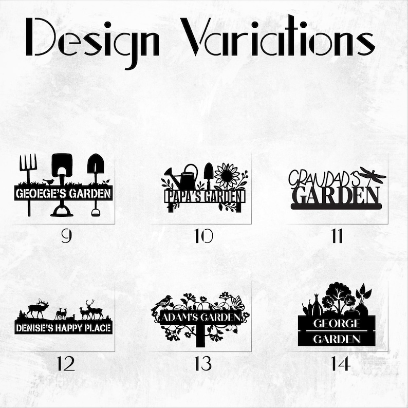 six different black and white designs, each representing a unique garden-related business or organization. The designs include "GEORGE'S GARDEN", "PAAP'S GARDEN", "CRAUNDAD'S GARDEN", "DENISE'S HAPPY PLACE", "ADAN'S GARDEN", and "GEORGIA'S GARDEN".