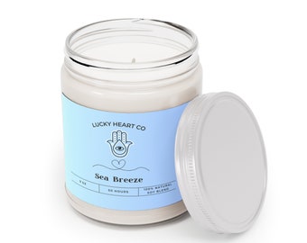 Vela Sea Breeze | Vela de soja com aroma de oceano fresco | Vela não tóxica | Presente relaxante para ela | Vela Hamsa | Vela de jarra
