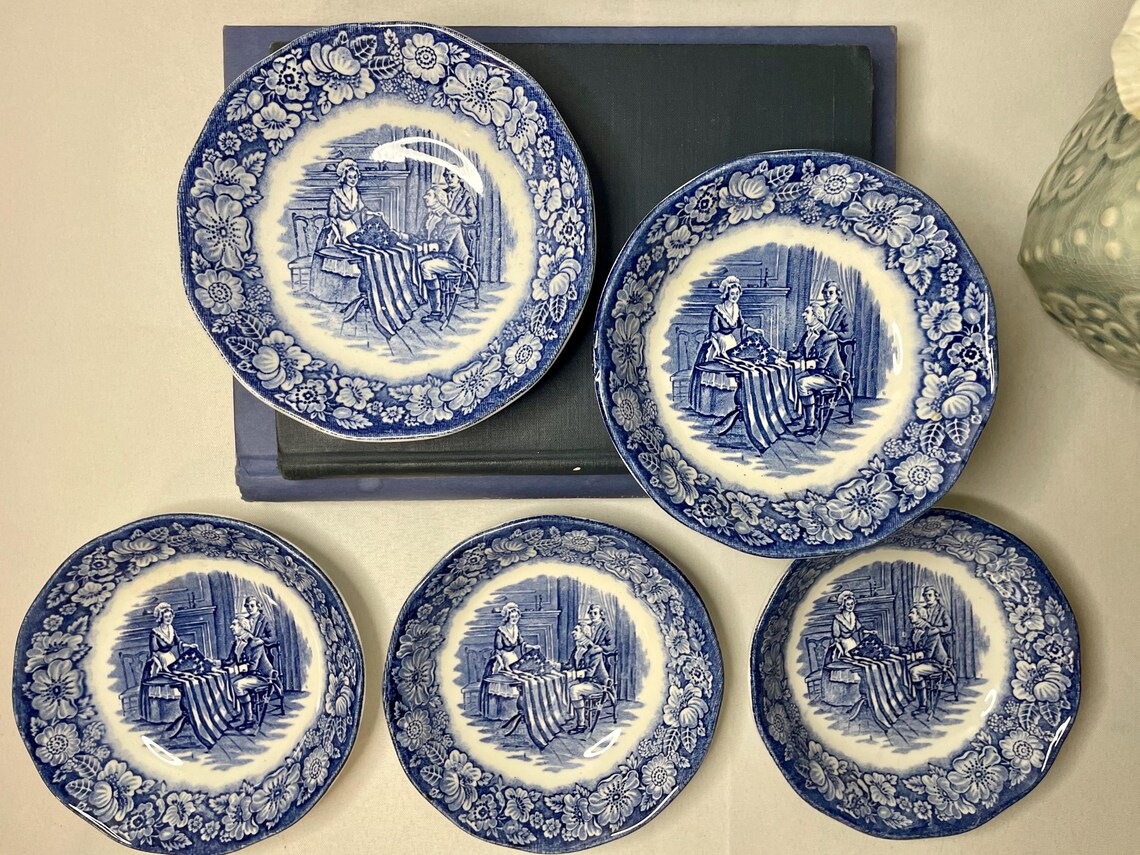 Liberty Blue Historic Colonial Scenes Berry Bowls, Set of 5 Betsy Ross