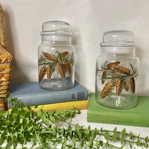 Vintage Libbey Pine Cone Glass Apothecary Jar Set with Lids ~ vintage canister, set of 2, glass canister, vintage kitchenware, 60s, 70s