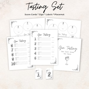 Kit de dégustation de gin, carte de pointage, étiquettes de bouteille, napperon, panneau, 10 gins, jeu de société enterrement de vie de jeune fille, cadeau, imprimable, tarif, lot