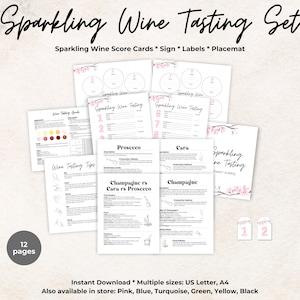 May include: A printable sparkling wine tasting set with 12 pages. The set includes score cards, a sign, labels, and a placemat. The design features a pink and white floral pattern.