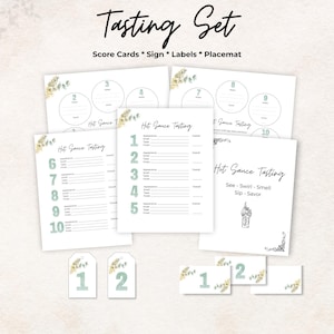 Hot Sauce tasting kit, scorecard, bottle tags, placemat, sign, green, 10 Hot Sauces, bachelorette party game, gift, printable, rate, set