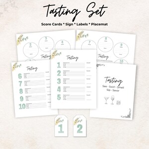 Drinks tasting party kit, scorecard, bottle tags, placemat, sign, green, 10 Drinks, date night game, gift, printable, rate, set bundle