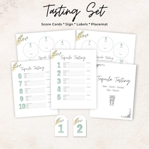 Kit de degustação de tequila, cartão de pontuação, etiquetas para garrafas, jogo americano, placa, verde, 10 tequilas, jogo para despedida de solteira, presente, para impressão, taxa, conjunto