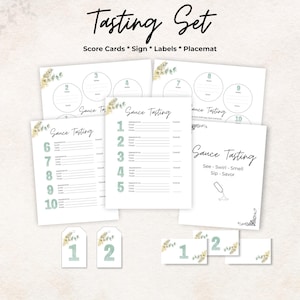 Kit de festa de degustação de molhos, cartão de pontuação, etiquetas para garrafas, jogo americano, placa, verde, 10 molhos, jogo para encontros noturnos, presente, para impressão, taxa, conjunto de pacotes