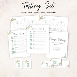 Kit de dégustation de fromages, carte de pointage, étiquettes, set de table, enseigne, vert, 10 fromages, jeu d'enterrement de vie de jeune fille, cadeau, imprimable, taux, lot d'ensembles