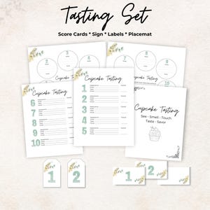 Cupcake tasting kit, scorecard, label tags, placemat, sign, green, 10 Cupcakes, bachelorette party game, gift, printable, rate, set bundle