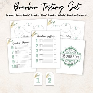 Bourbon tasting kit, scorecard, bottle tags, placemat, sign, green, 10 Bourbons, bachelorette party game, rate, set bundle