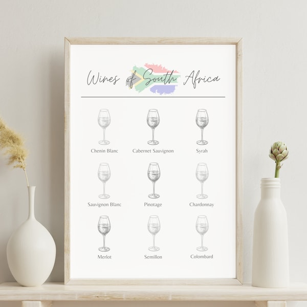 Wines of South Africa guide, bar cart print, kitchen wall art, drinks poster, printable, date night, home south african wine tasting sign