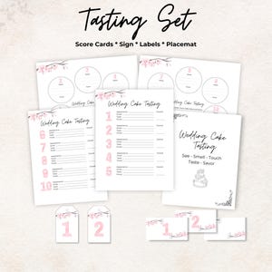 Kit de dégustation de gâteau de mariage, carte de pointage, étiquettes, set de table, enseigne, rose, 10 gâteaux de mariage, jeu d&#39;enterrement de vie de jeune fille, cadeau, imprimable, taux
